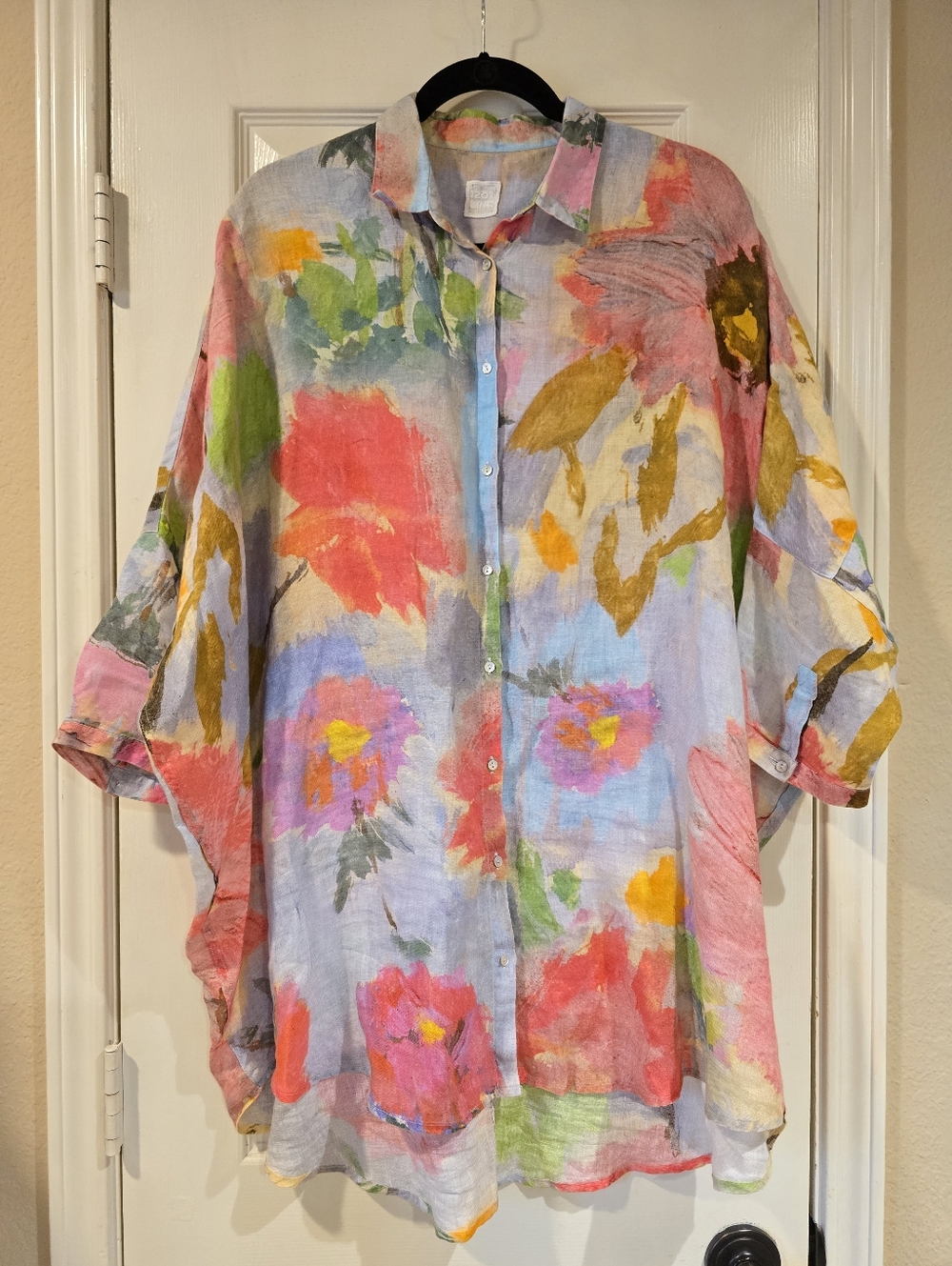 120% Lino Women's Resort Linen Floral Button Down Shirt Oversized